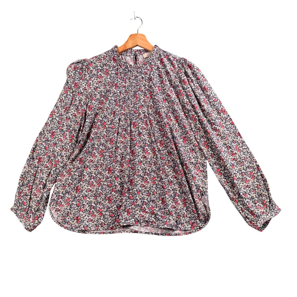 LOFT Floral Blouse Womens XS Grey Ditsy Boho Peasant Cottagecore Mock Neck